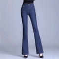 Women High Waist Casual Slim Denim Flared Pants Elegant Style Bell Bottom Denim Trousers New Female Office Classic Stretch Jeans