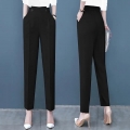 Korean Women Casual Streetwear Pants Office Ladies Elegant Button Fly Chic Design High Waist Capris Straight Leg Suit Trousers