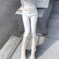 High Waist Skinny White Pencil Pants Female Causal Classic Button decoration Trousers Women Korean Style Solid Stretch Pants