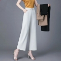 Women Loose Solid High Waist Metal Decoration Wide Leg Ankle-Length Pants Imitate Satin Straight Pants Female Casual Trousers