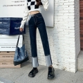 Streetwear Spliced High Waist Slim Stretch Ankle-Length Denim Pants Korean Style Straight Jeans Women Solid Denim Trousers
