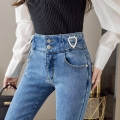 Vintage High Waist Pearl Button Fly Skinny Jeans Women Korean Elegant Legging Denim Trousers Spring Women Sexy Pencil Denim Pant