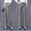 Elegant Design Casual Skinny Slit Plaid Women Flare Pants Ladies Solid Slim Straight Leg Pant Female Fashion Chic Trousers