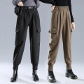 Big Size 4XL Woolen Thicken Warm Cargo Pants Women's Korean Baggy High Waist Harem Pants wool blend Trousers Winter With Belt