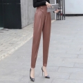 Loose Solid Pleated Capris Harem Pants Women‘s Korean High Waist Button Fly Suit Pant Female Spring Elegant Straight Trousers